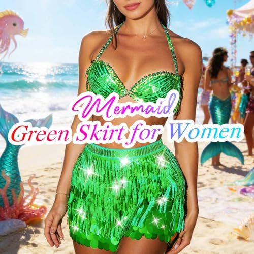 Nicute Green Sequin Mermaid Skirt for Women - Sparkly Belly Dance Costume, One Size