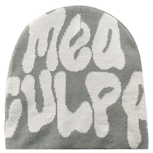 Y2K Beanie Hat - Acrylic Knit Skull Cap with MEA Culpa Design - Gray & White