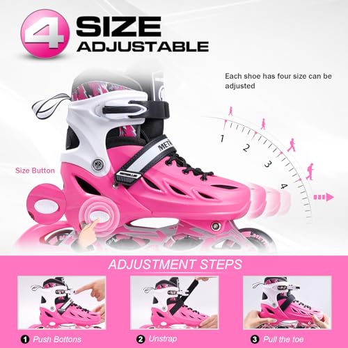 METROLLER Adjustable Inline Skates for Girls Boys Women Adults - Rose (Large Youth & Adult 4-7 US)