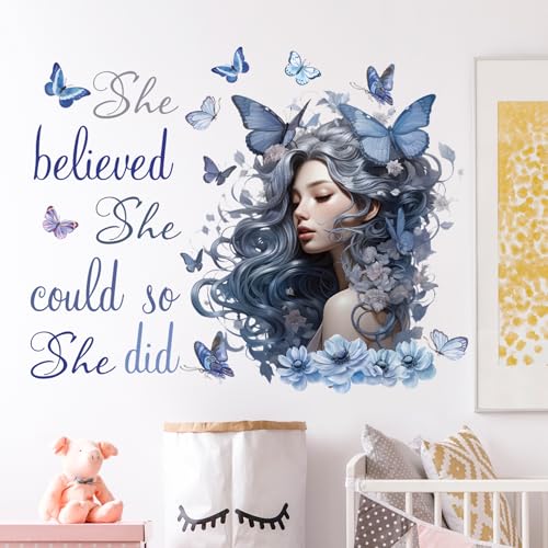 Blue Inspirational Wall Quote Decals She Believe She Could So She Did Wall Stickers DIY Peel and Stick Butterfly Positive Sayings Mural for Women Girls Bedroom Living Room Wall Decor