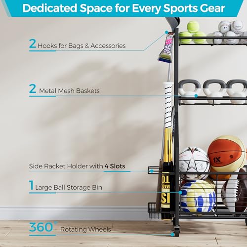 Cerlyunzan 17" Wide 3-Tier Sports Equipment Storage Rack with Wheels
