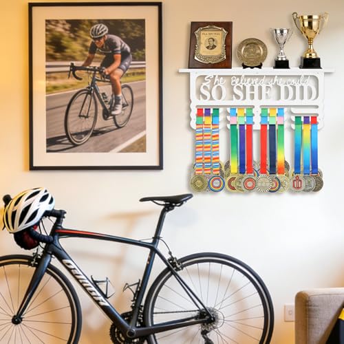 Wall-Mounted Medal Holder - Holds Up to 50 Medals - She Believed with Shelf - White