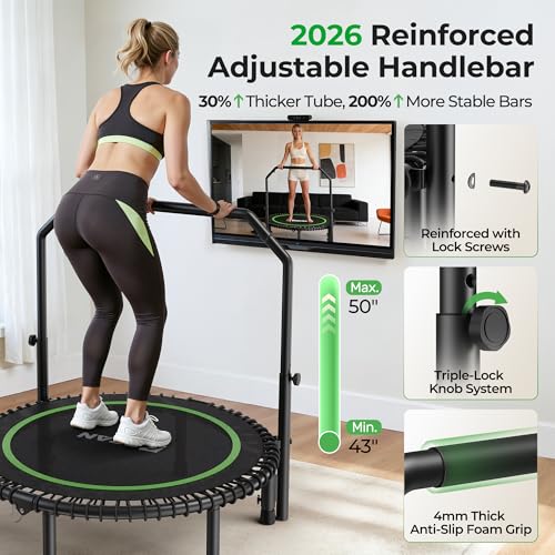 Rebounder Trampoline with Adjustable Handlebar for Adults, Indoor Mini Exercise Trampoline, 450/550lbs Capacity