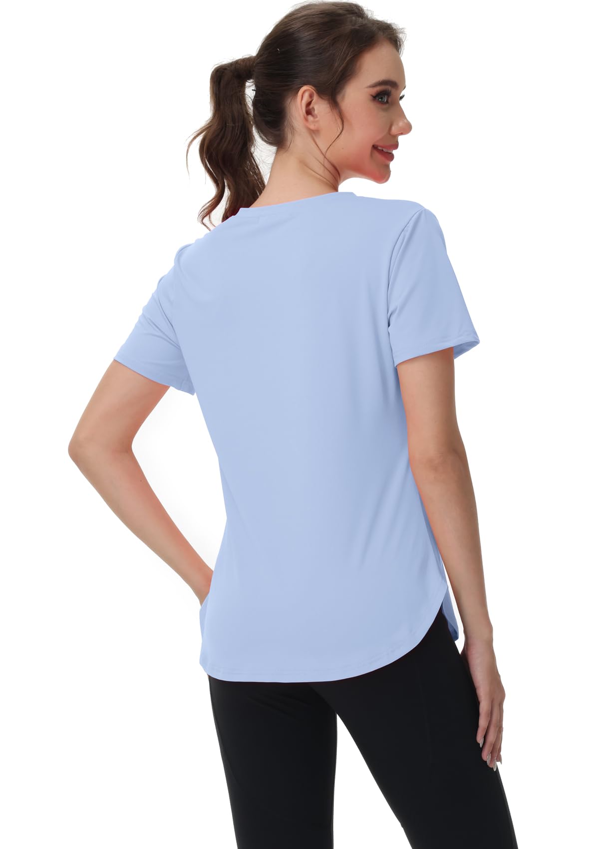 Kaleforneo Workout Tops for Women Short Sleeve T Shirts Moisture Wicking Yoga Gym Running Hiking V Neck Athletic Tee Blue L