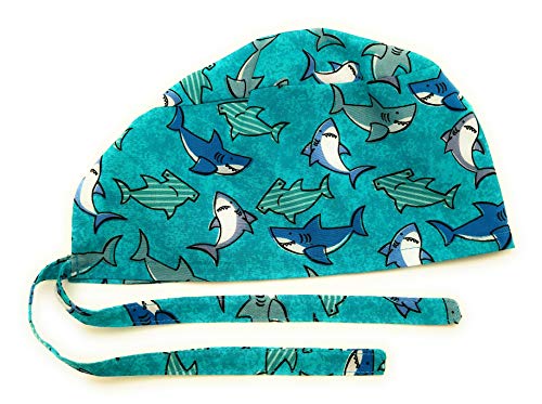 Scrub Hat with Happy Sharks Design - Handmade Cotton Cap