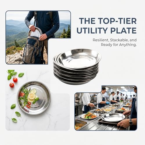 TOPZEA 10 Pack 9 Inch Stainless Steel Dinner Plates – Unbreakable, Stackable Camping & Picnic Dishes