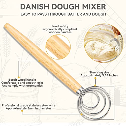Danish Dough Whisk Set of 3 - Bread Making Tools Including Dough Scraper & Scoring Tool - Dough Making Tool Set