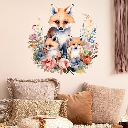 Watercolor Fox Family with Flowers Wall Decal Adorable Nursery Animal Wall Sticker Removable Waterproof Easy Peel and Stick Perfect for Kids Baby Room Classroom Living Room Bedroom Preschool
