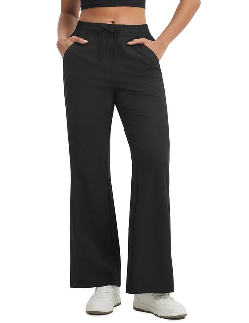 baleaf Women's Hiking Pants Lightweight Water Resistant Travel Flare Pants with Pockets Quick Dry Breathable Drawstring Waist Black L