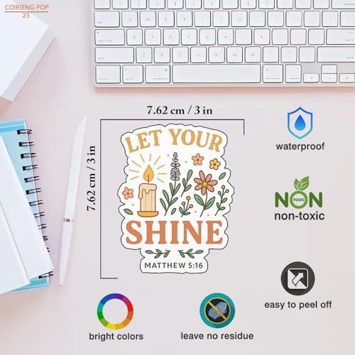 3pcs ¡°Let Your Light Shine¡± Stickers ? Matthew 5:16 ? 3x3in Christian Bible Verse Vinyl Decals ? Waterproof Floral Candle Design for Journals, Laptops, Water Bottles