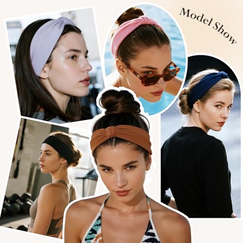 HSEM 6-Pack Wide Non-Slip Elastic Headbands for Women - Grey, Navy, Brown, White, Pink, Black