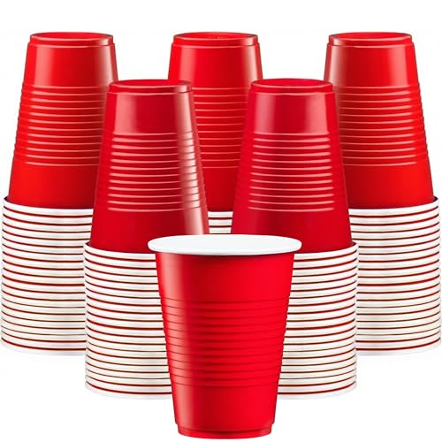 TashiBox 12oz Red Disposable Plastic Cups Bulk 100 Pack - Party & Event Use