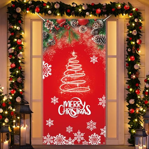 Merry Christmas Red Door Curtain, Holiday Privacy Backdrop Decoration