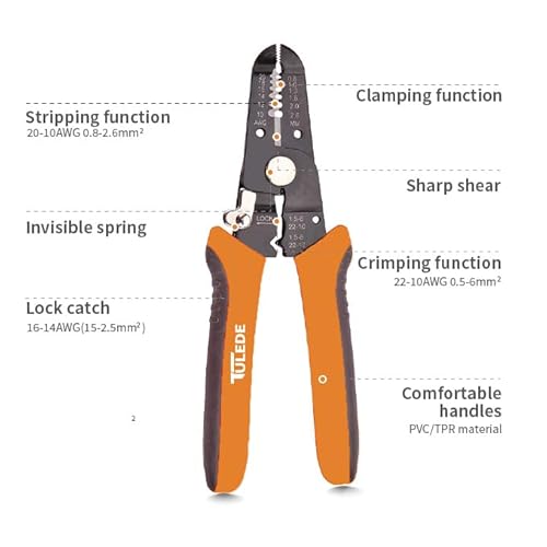 3 In 1 Wire Stripper Tool, 7.5 Inch Wire Stripper/Cutter/Crimping Tool for 10-20 AWG Solid and Stranded Wires, Come with Safety Lock & Invisible Spring, Made of 65Mn for Durability