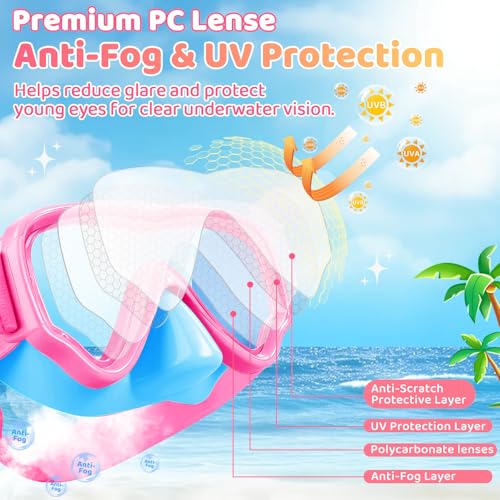 Vvinca Kids Swim Goggles with Nose Cover - Pink Blue / Vibrant, No Leak, Soft Fabric Strap, Impact-Resistant Lenses, Age 3-14