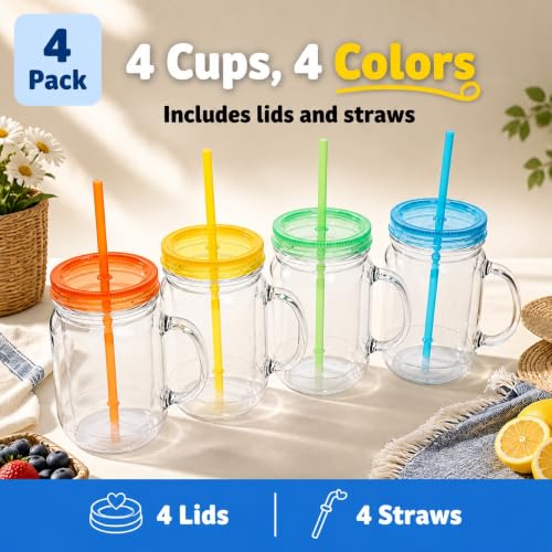 Zephyr Canyon 20 oz Insulated Mason Jars with Handles, Lids & Straws – Set of 4