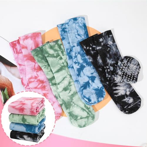 Non-Slip Grippy Pilates Socks for Women - 4 Pairs, One Size, Black+Blue+Pink+Orange
