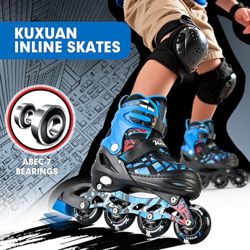 Kuxuan Kids Adjustable Inline Skates with Light-Up Wheels - Spider Blue, Large (Ages 5-12)