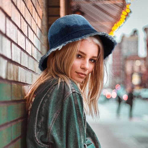 WOWOGO Denim Bucket Hat for Women & Men - Large Summer Beach Cap, Blue Deep