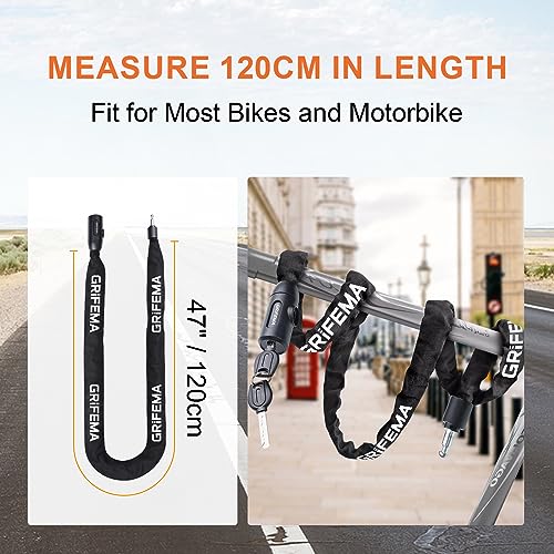 GRIFEMA Zinc Keyed Bike Chain Lock 4FT Heavy Duty Anti-Theft Steel with Protective Sleeve