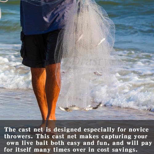 Drasry 10FT Cast Net with 3/8 Inch Mesh, Mono Zinc-Iron Sinkers, White B