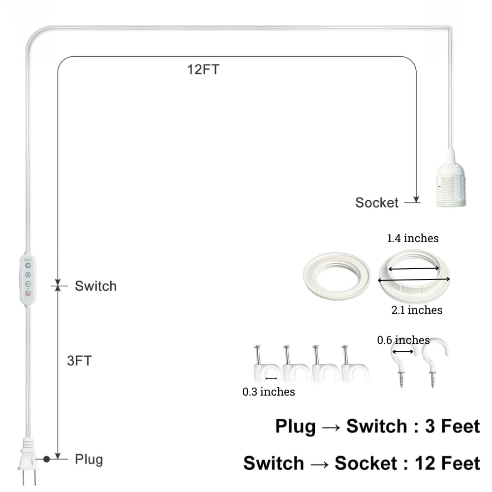 Pendant Light Cord with E26/E27 Socket, 15FT Extension Cable, Stepless Dimming, 2/4/8H Timer, On/Off Switch, Lampshade Holder – Hanging Light Kit for DIY Pendant Lamp, Plug in Pendant Lighting – White