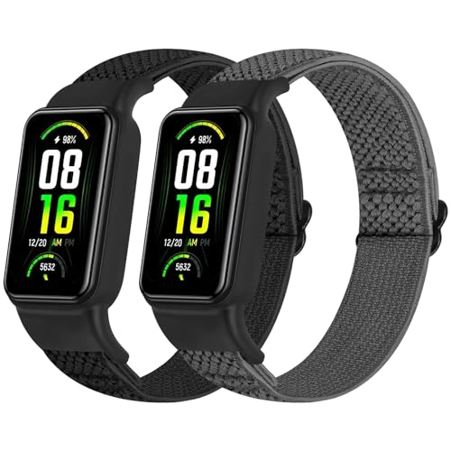 TumpCez Black & Grey Solo Loop Elastic Nylon Strap for Amazfit Band 7 – Soft Adjustable Sport Replacement