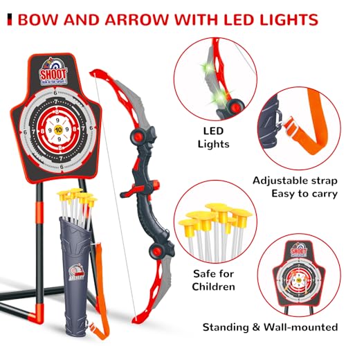 GMAOPHY Red LED Light Up Kids Bow and Arrow Toy Set - 2 Pack for Indoor & Outdoor Play