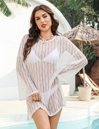 Sheer Lace Swimsuit Cover-Up for Women - Long Sleeve Beach Dress - White M