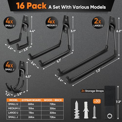 Nacial 16 Pack Garage Hooks Heavy Duty, Utility Steel Garage Storage Hook with 2 Storage Straps, Utility Garage Wall Mount Hooks for Hanging Bike, Ladder and Garden Tools, Perfect for Father Day Gifts