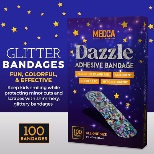 Glitter Bandages for Kids - 100 Count Adhesive Strips with Colorful Design