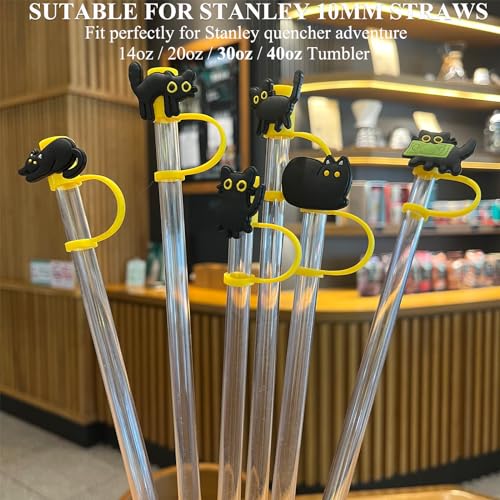 Black Cat Straw Toppers - Silicone Drink Covers for Tumblers - Set of 6