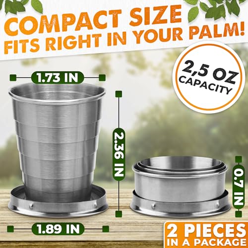 Collapsible Shot Glasses with Lid - 2 Pcs, Stainless Steel, 2.5 Oz