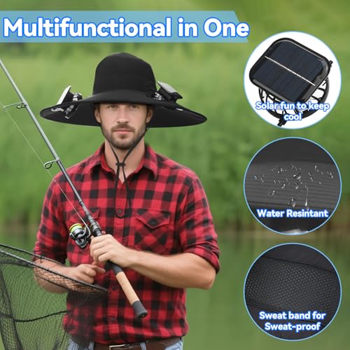 Solar Power Wide Brim Sun Hat with 2 Fans - USB & Solar Rechargeable Outdoor Hat for Men Women