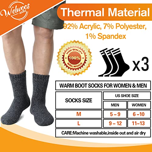 Welwoos 3 Pairs Warm Thermal Socks for Men & Women, Large/Dark Black