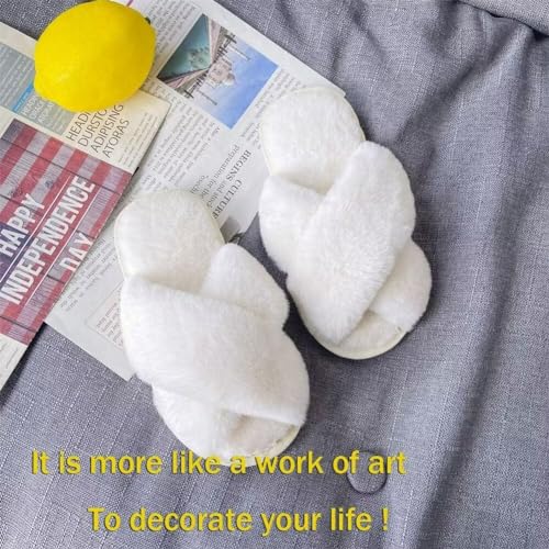 LightFun 4-5 Kid Beige Fuzzy Fur Slippers Open Toe Cross Band Flip Flops for Girls – Indoor/Outdoor
