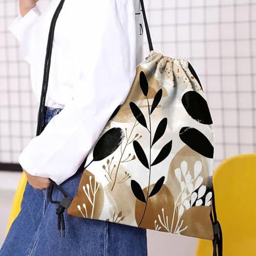 Waterproof Drawstring Backpack 13x17 - Durable Oxford Gym Bag - Brown Leaf