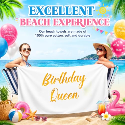 Peryiter Gold Birthday Queen Embroidery Beach Towel 28x55in - Cotton, Fun Gift
