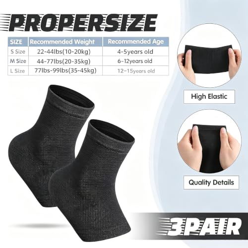 3 Pairs Girls Ankle Brace Compression Sleeves - Medium/Black