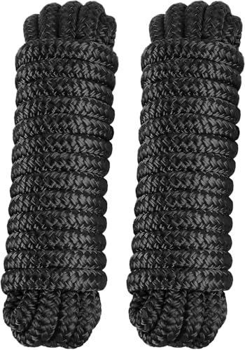 PACTHSD 3/8" x 20' Dock Lines (Pack of 2) - Double Braided Nylon Boat Rope with 12" Eyelet