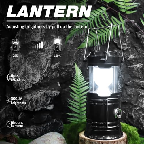 Solar Camping Lantern & LED Flashlight - Collapsible Design - Modern Black