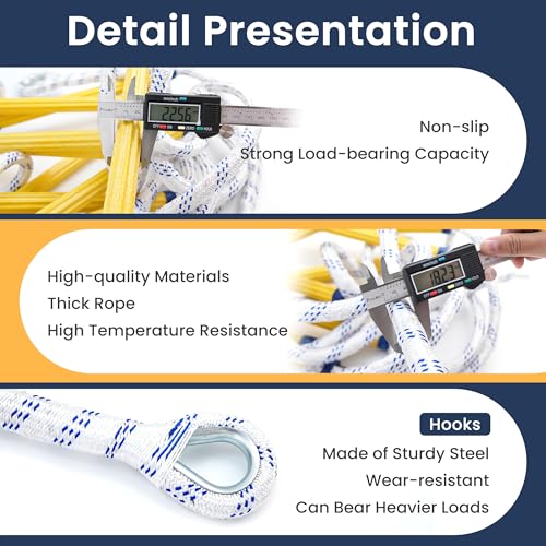 Fire Escape Ladder 2 Story, 16 FT Flame Resistant Fire Ladder 2 Story Window, Sturdy Emergency Ladder for Second Floor, Portable and Reusable Rope Ladders, Weight Capacity 2000 Pounds