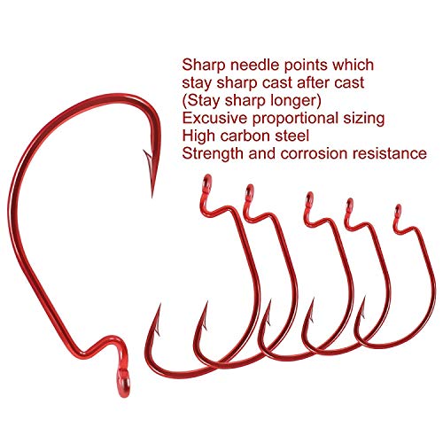 Weedless Offset Shank Worm Hooks - High Carbon Steel, 50PCS Red