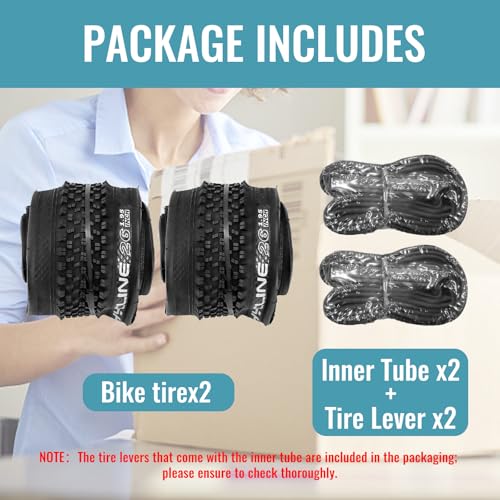 26x1.95 Mountain Bike Tires Set - Replacement with Inner Tubes & Levers