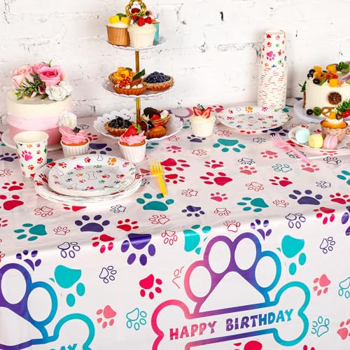 Newwiee Pink Series Paw Print Tablecloths 3-Piece, Disposable Plastic 108 x 51 in
