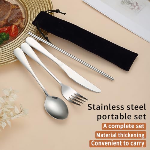 Stainless Steel Camping Utensil Set - 4-Piece Flatware with Black Storage Bag