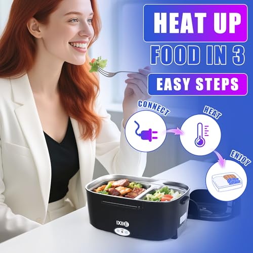 IXIIE 1.5L Black Electric Lunch Box with Dual Stainless Steel Compartments