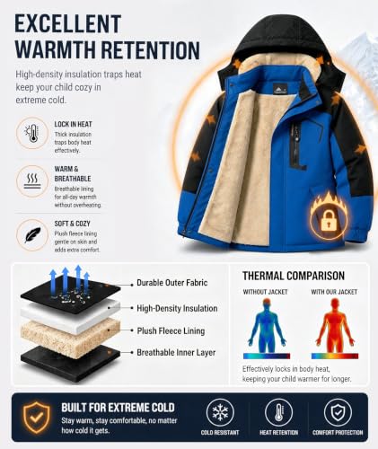 Kids Waterproof Ski Jacket XX-Large Royal Blue Winter Snow Coat with Sherpa Fleece, Hooded & Windproof