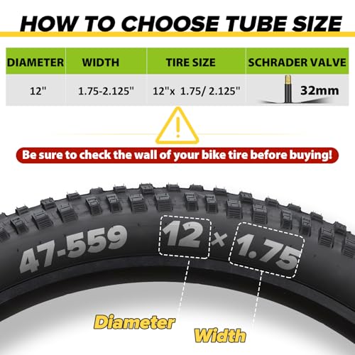 Hydencamm 12"x1.75/2.125 Bike Inner Tubes 2 Pack for Mountain, City & Kids Bikes