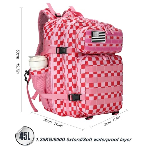 Lovelinks21 45L Pink White Check Tactical Assault Backpack Waterproof Molle Rucksack